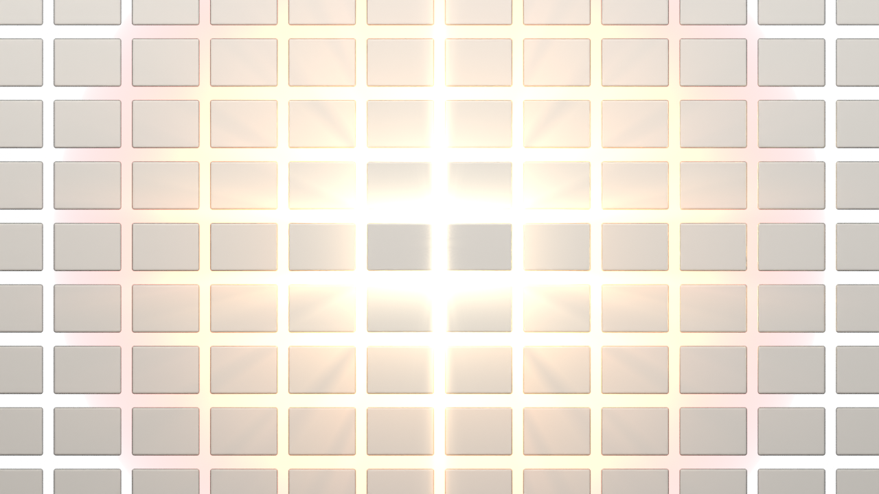 Tiles fall, land in a messy pile, then snap into a neat grid as the sun rises behind them